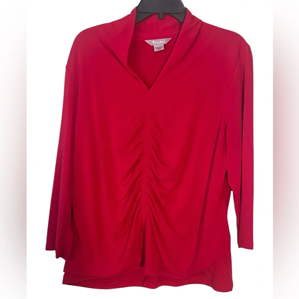 Tan Jay ruched front b-neck vintage blouse. Size large in Red GUC - Picture 1 of 6